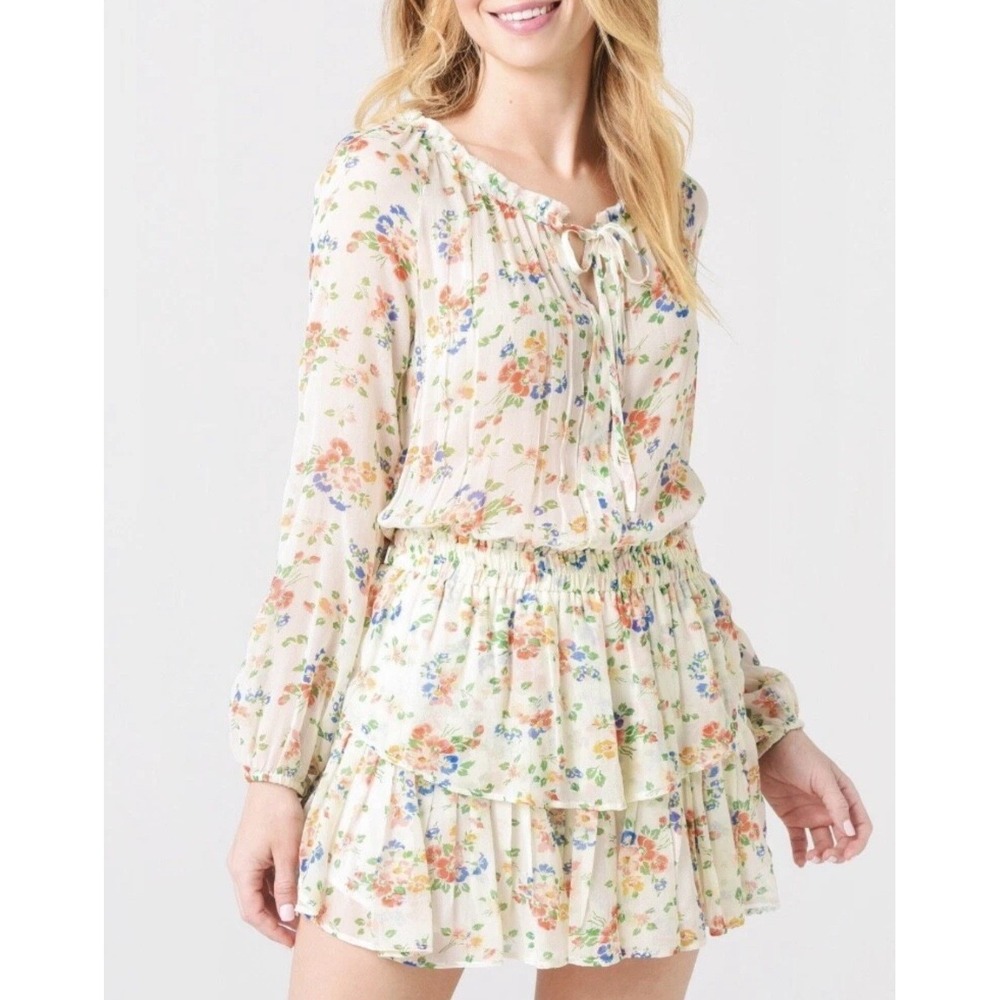 LoveShackFancy Floral Mini Dress Cream Blue Orange Ruffle Smocked Tiered Size M